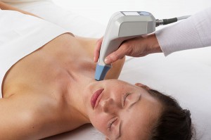 Exilis works to both reduce fat in problem areas and tighten skin in the facial area
