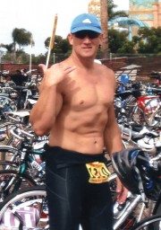 Trent in his first triathlon 10 weeks later and 77 pounds lighter at 217