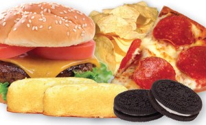 hamburger, cookies, cake, pizza, chips